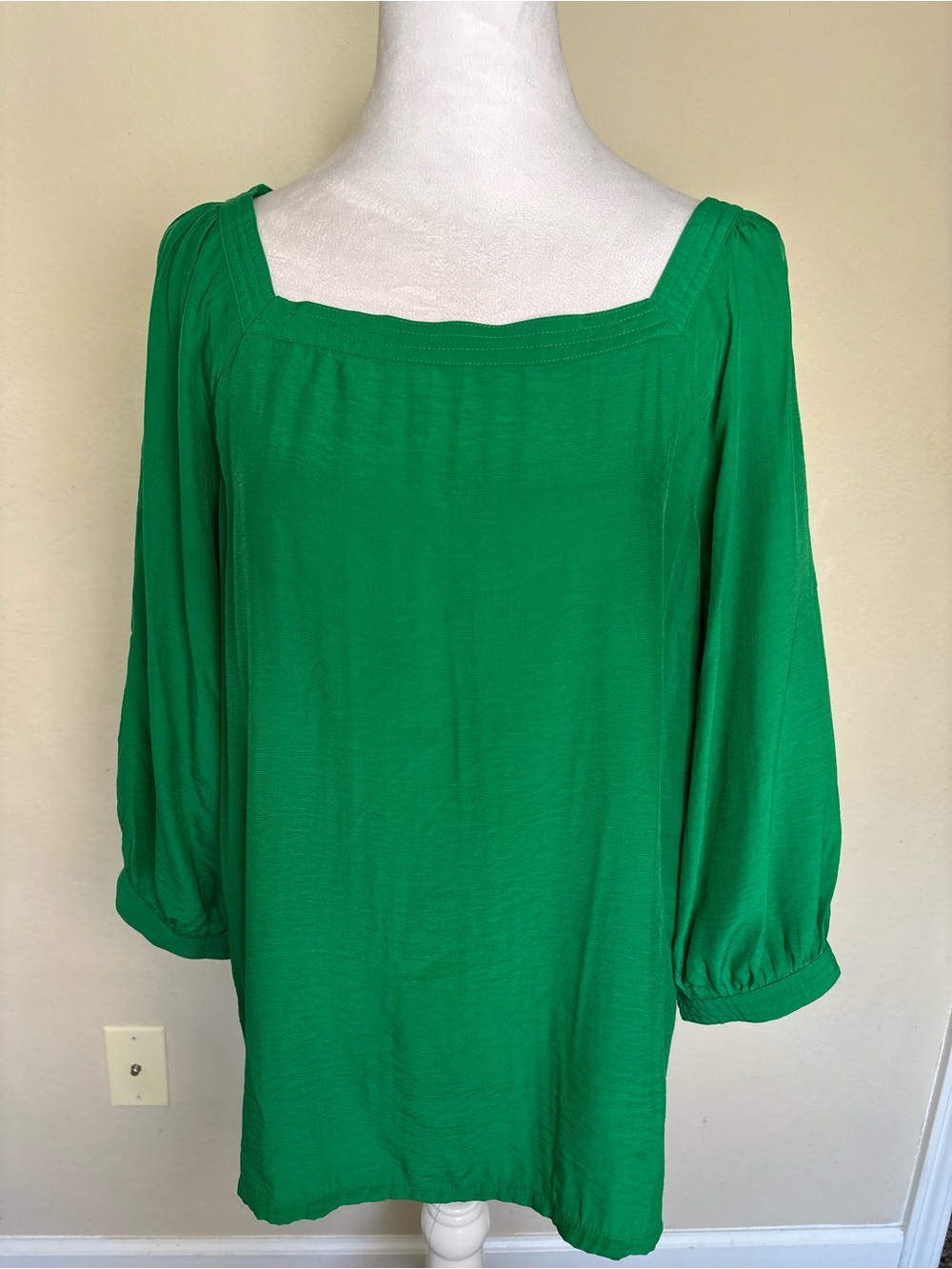 LOFT Emerald Green Square Neck Blouse  3/4-length balloon sleeves Size M